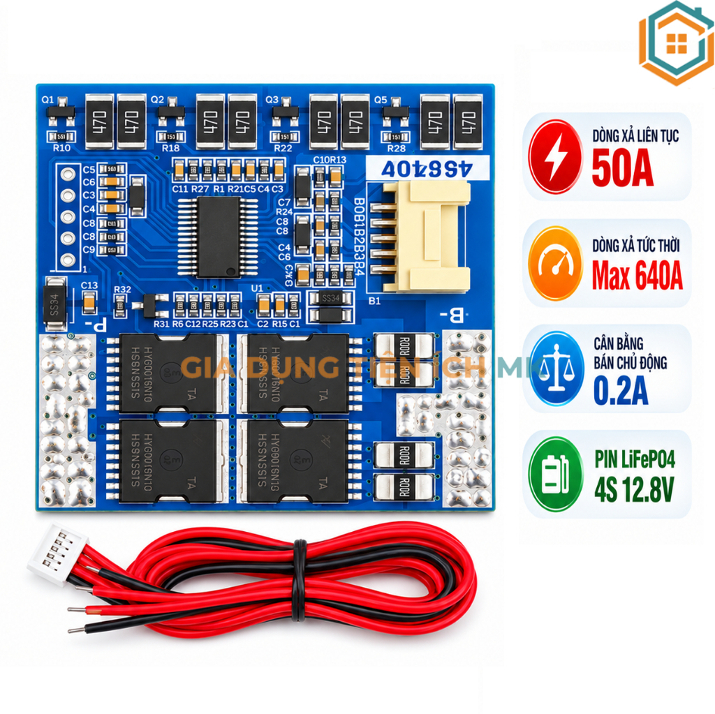 Mạch BMS 4S 50A (640A) 12.8V bảo vệ pin sắt LiFePO4 3.2V cân bằng bán chủ động 0.2A đề xe máy (BMS-D