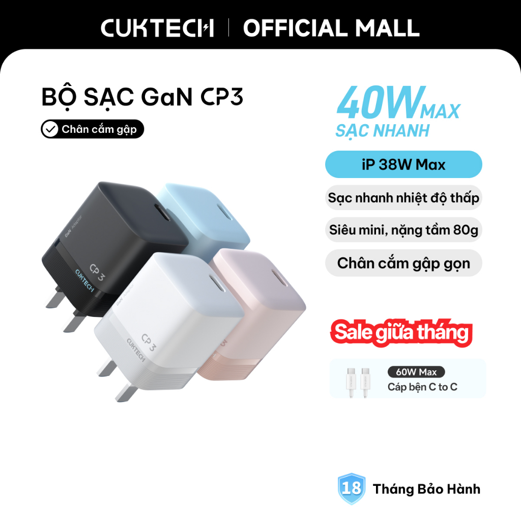 Củ Sạc Nhanh CUKTECH GaN 40W Siêu Nhỏ Gọn Chân Gập Không Nóng Máy Cho iP…