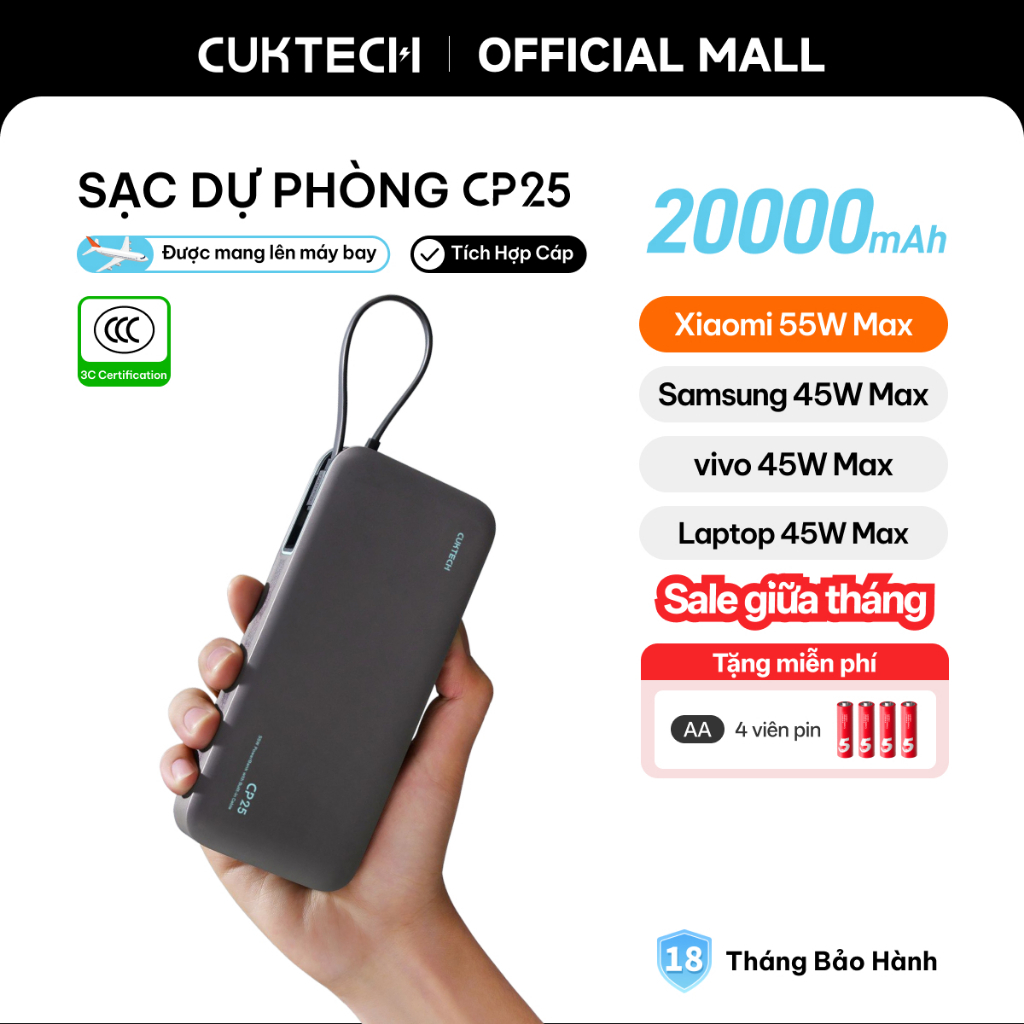 【Được chứng nhận CCC】CUKTECH Sạc Nhanh 55W 20000mAh – Tích Hợp Dây, Hỗ Trợ Xiaomi 55W Samsung 45W Laptop 45W iP 16/15/14