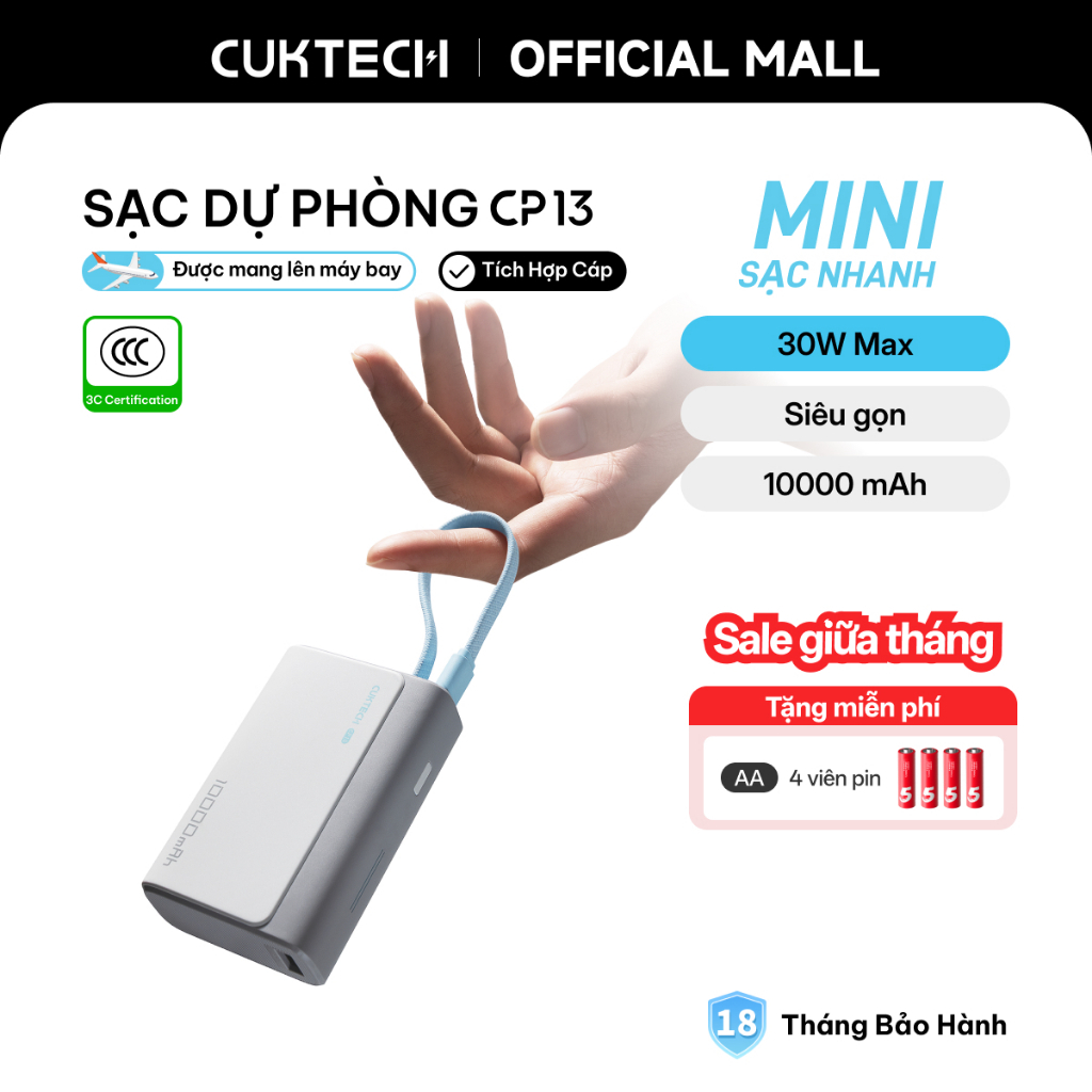 【Được chứng nhận CCC】CUKTECH Pin Dự Phòng Mini 10000mAh Sạc Nhanh 30W – Tích Hợp Dây Hỗ Trợ iP 16/15/14 (CP13 Power Bank