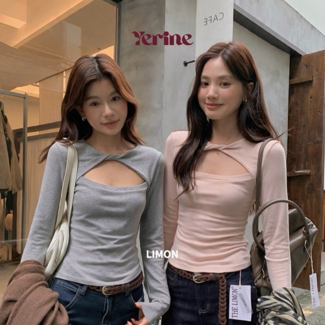 [LIMON] Áo Thun Nữ Dài Tay Cutout Ngực Mặc Hai Mặt Phong Cách Hàn Quốc Ôm Dáng Nhiều Màu 11256