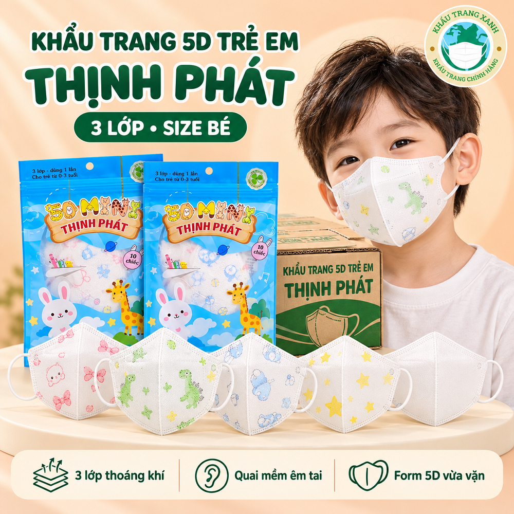 Khẩu Trang 5D Thịnh Phát Trẻ Em KID Từ 0-15 Tuổi An Toàn Ôm Mặt Dễ Thở, Chống…