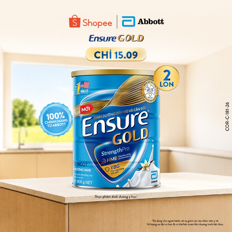 Combo 2 Lon Sữa bột Ensure Gold Abbott Hương Vani Ít Ngọt 800g