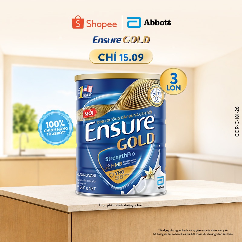 Combo 3 Lon Sữa bột Ensure Gold Abbott hương vani 800g