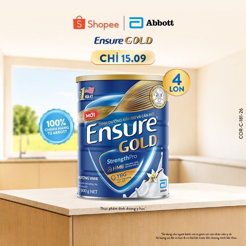 Combo 4 Lon Sữa bột Ensure Gold Abbott hương vani 800g