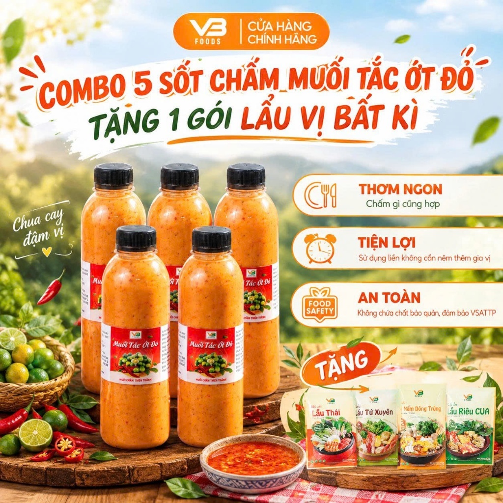 Combo 5 sốt chấm muối tắc ớt đỏ VB Foods 330ml TẶNG 1 GÓI CỐT LẨU VỊ BẤT KÌ