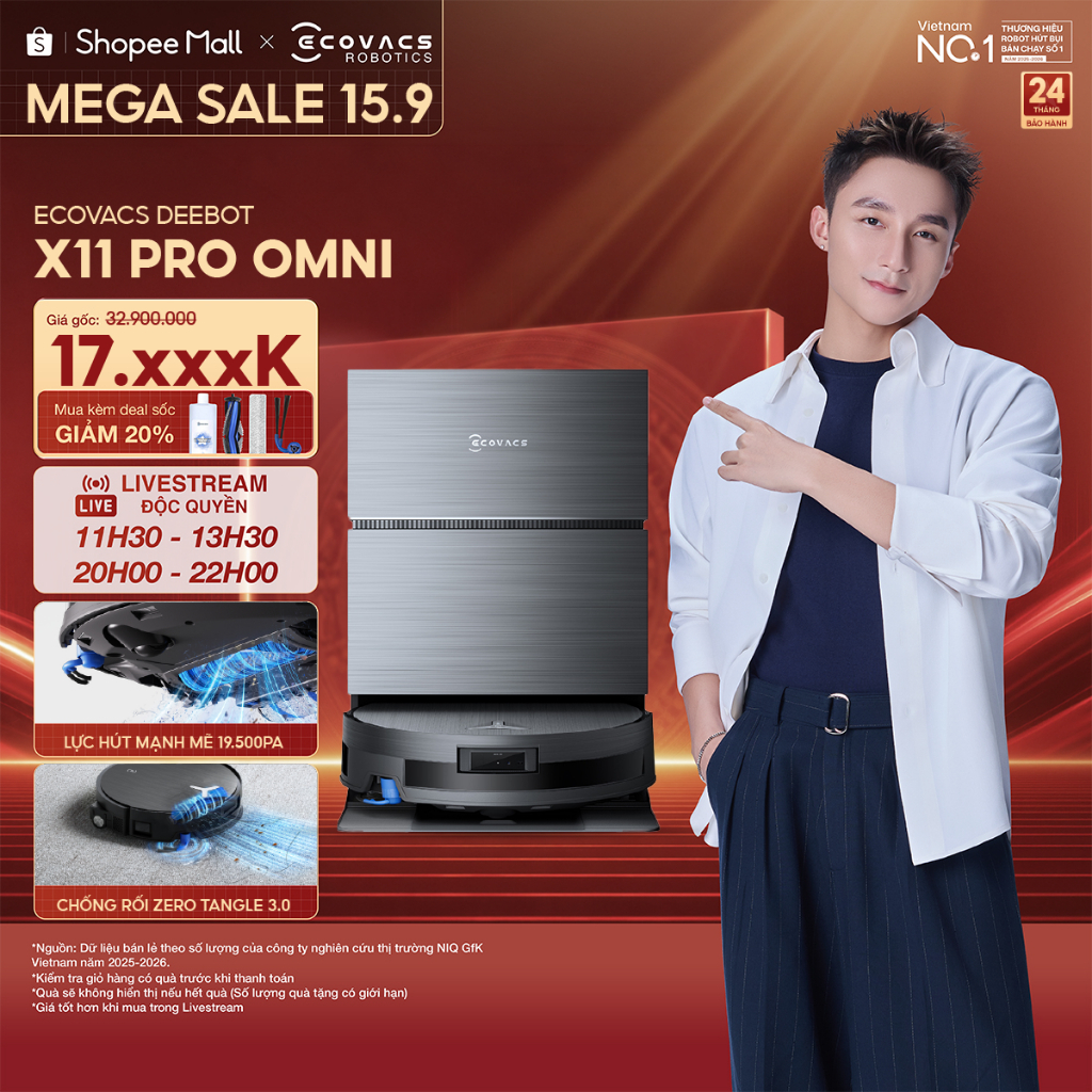 Ecovacs DEEBOT X11 Pro Omni Robot hút bụi lau nhà | Lực hút 19.500Pa | Pin 6400mAh | Thiết kế siêu m