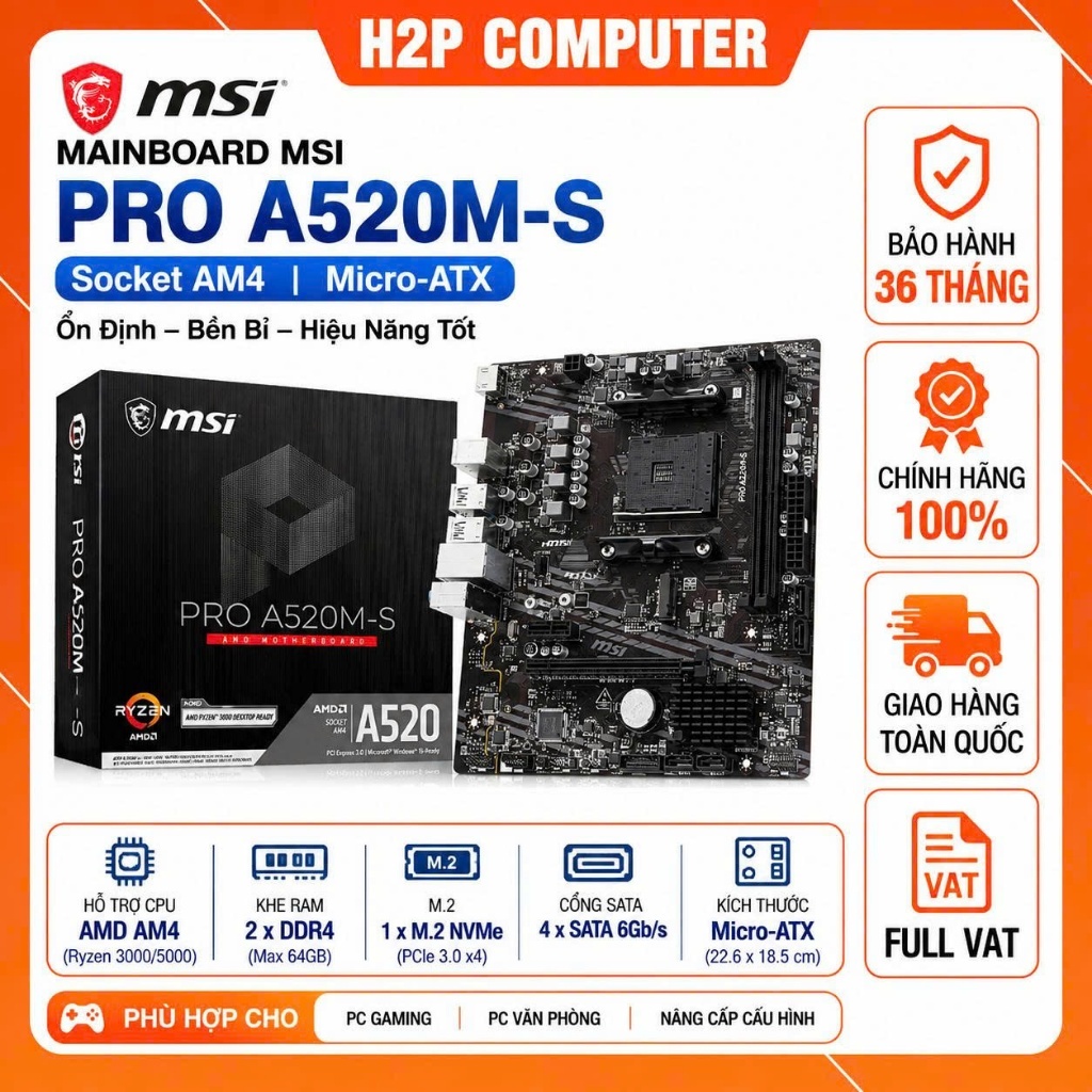Mainboard MSI PRO A520M-S A520/AM4/DDR4/M.2/HDMI/M-ATX - Chính hãng 36T