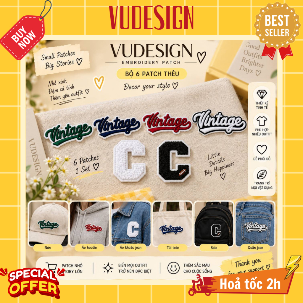 [Không keo] Sticker Vải, Sticker Thêu Quần Áo, Balo, Túi, Mũ Chữ Vintage C Vudesign
