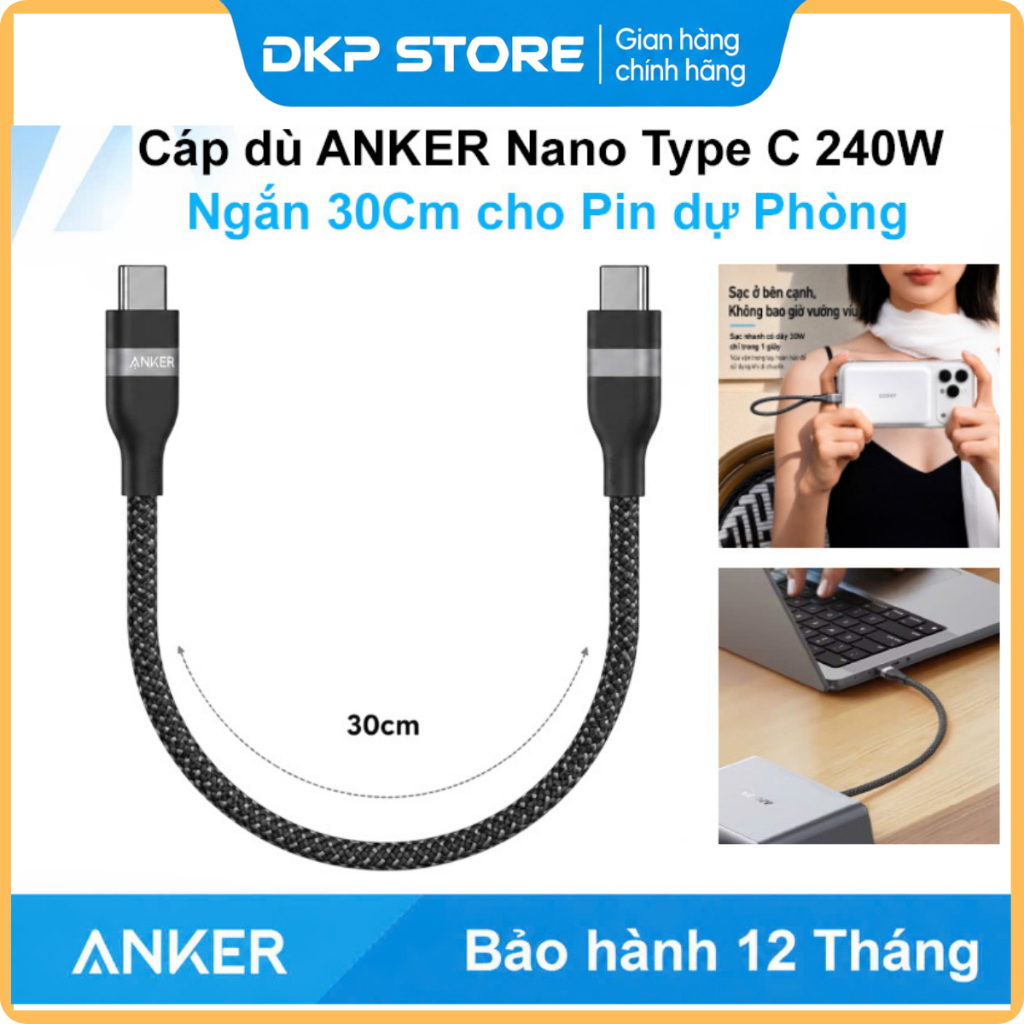 Cáp sạc nhanh ngắn ANKER 240W Nano Type C 2 đầu bọc dù cho Điện thoại Laptop Mac siêu bền siêu mềm