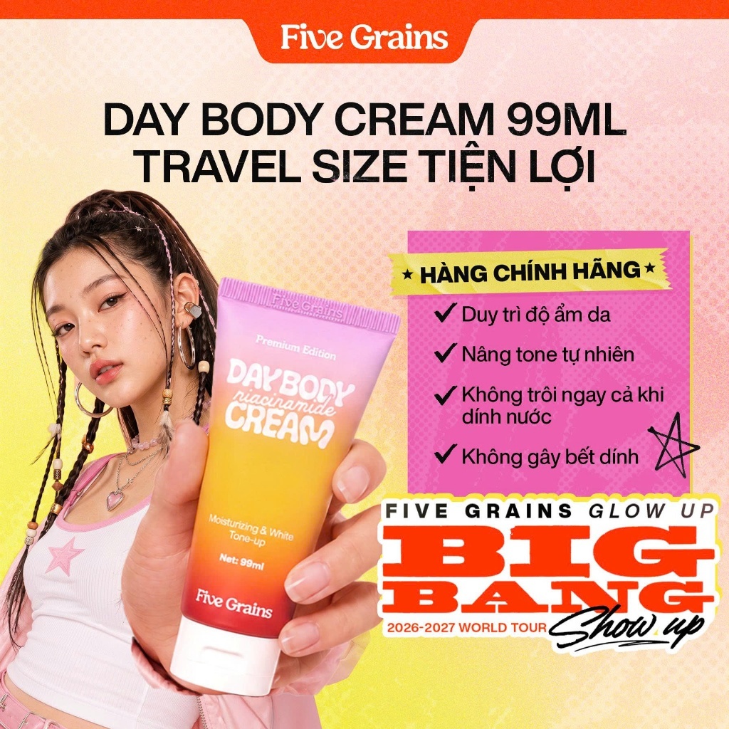 Kem Body Dưỡng Trắng Da Five Grains Nâng Tone Travel Size 99ml Niacinamide và Alpha Arbutin Cấp Ẩm Mềm Mịn Da Ban Ngày