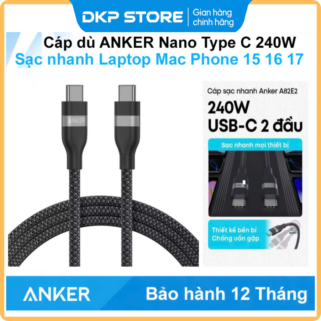 Cáp sạc nhanh 240W ANKER Nano C - C bọc dù siêu bền siêu mềm mại cho điện thoại laptop máy tính bảng