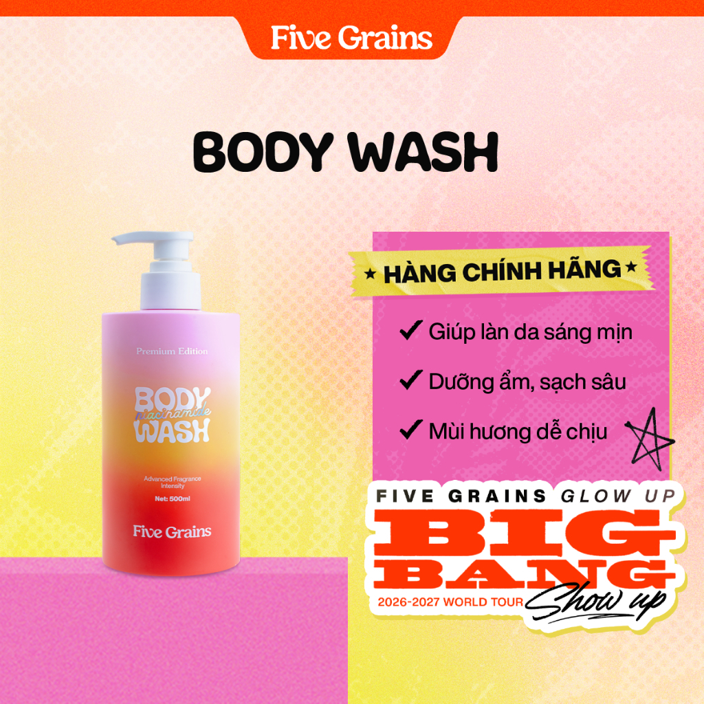 Sữa Tắm Giúp Dưỡng Trắng Da Five Grains Niacinamide 500ml 3 Công Dụng Làm Sạch Dưỡng Ẩm Thơm Lâu Hương Nước Hoa
