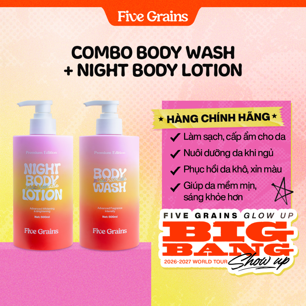 Combo 2 Món Dưỡng Trắng Body Five Grains Sữa Tắm 500ml và Kem Body Đêm 500ml Làm Sạch Dưỡng Ẩm Niacinamide Alpha Arbutin