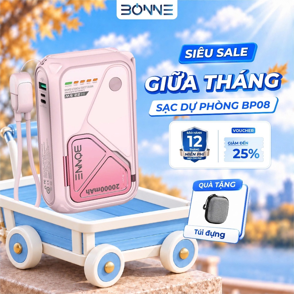 [SẴN HÀNG-TẶNG TÚI ĐỰNG] Sạc Dự Phòng BP08, Củ Sạc Nhanh BONNE BP08 10.000 mAh 20.000 mAh Hỗ Trợ Sạc Không Dây
