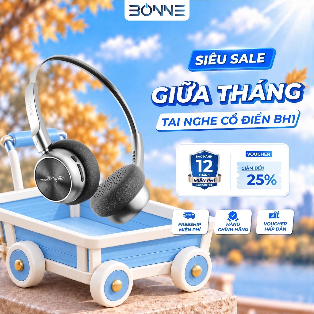 Tai Nghe Bluetooth Thiết Kế Cổ Điển BH1 By Bonne Chính Hãng, Tai Nghe Bluetooth 5.4, Âm thanh HIFI, Bảo hành 12 tháng