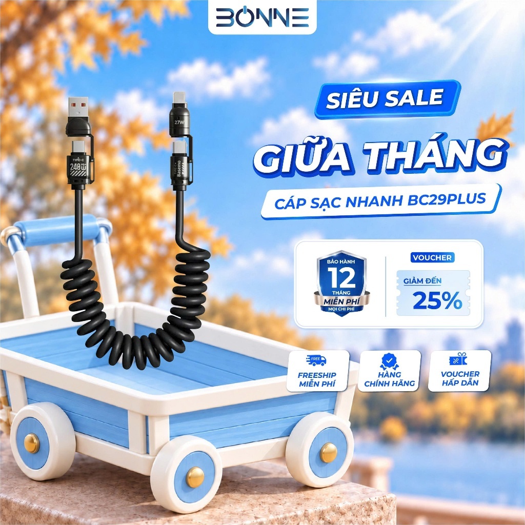 Cáp Sạc Lò Xo Đa Năng BC29 PLUS Sạc Nhanh 240W, Cáp Sạc Nhanh 4 IN 1 Chống Rối, Sạc Nhanh 240W
