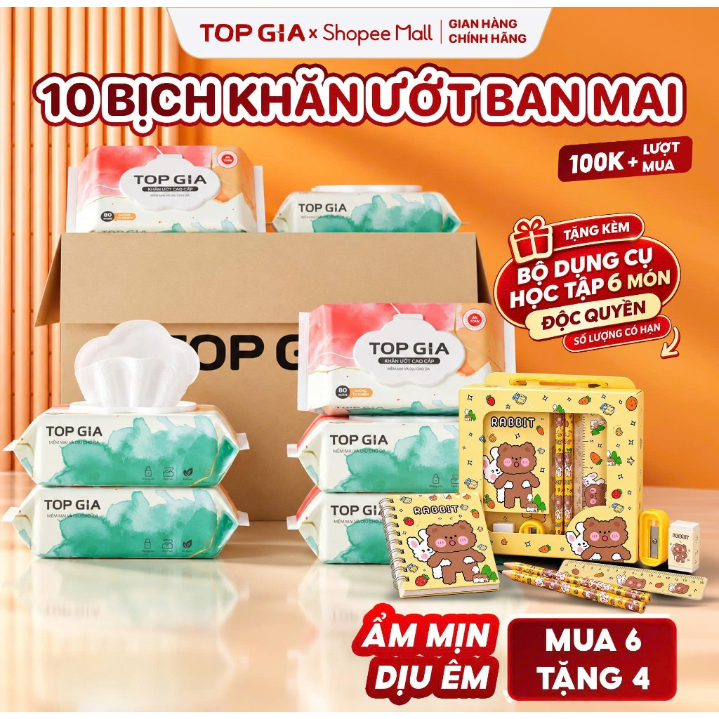 Khăn ướt Topgia 80 tờ mềm mại,không mùi không parabens dành cho em bé