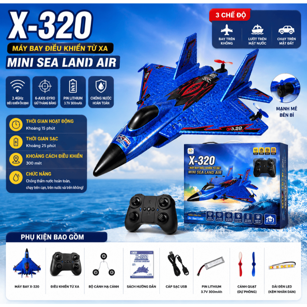 Máy Bay RC Điều Khiển Từ Xa, Bay Xa 300m, Có Đèn Led Báo Hiệu, Có Thể Bay Trên Không Và Mặt Nước, Chống Nước Tuyệt Đối