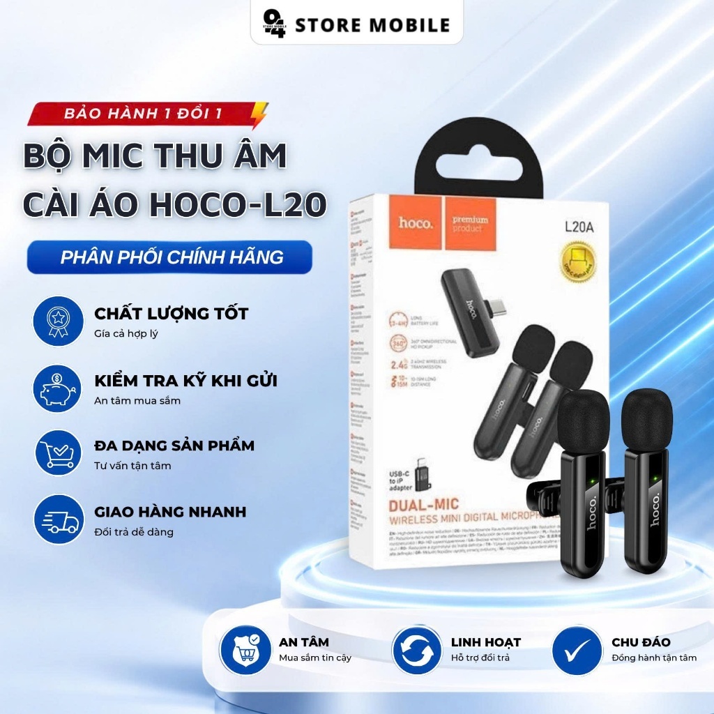 Bộ Mic Thu Âm Cài Áo HOCO L20 1 Mic 2 Mic Không Dây Kèm Bộ Sạc Cho Điện Thoại Quay Video Livestream