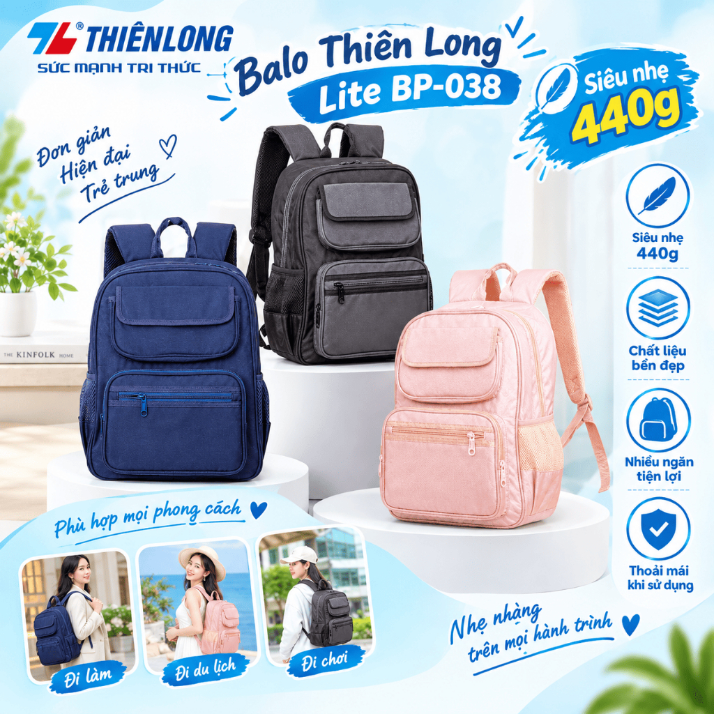 Balo Thiên Long BP-038 Lite – Siêu Nhẹ 440g, Vải PU Chống Thấm, Thiết Kế Tối…