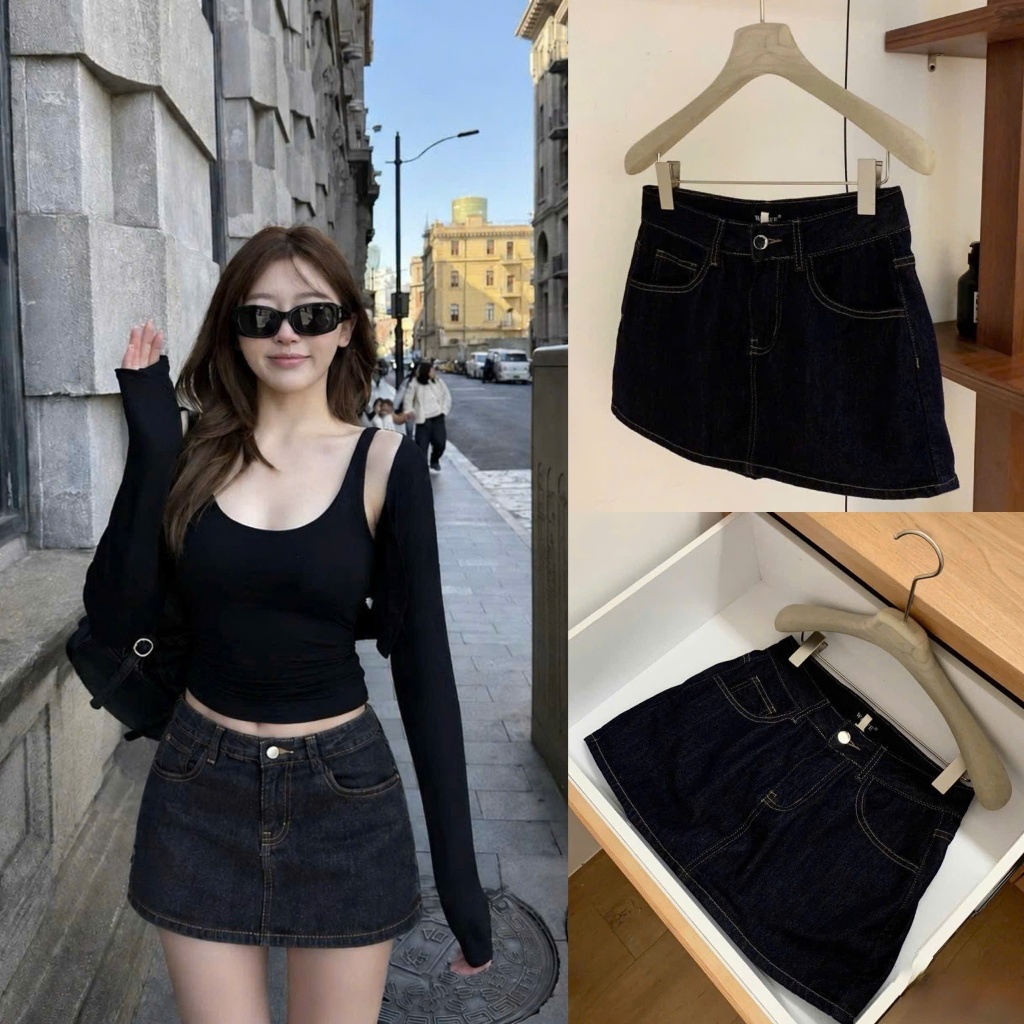 SUXING | Chân Váy Denim Dáng Ngắn Form Chữ A Chỉ Nổi Hottrend