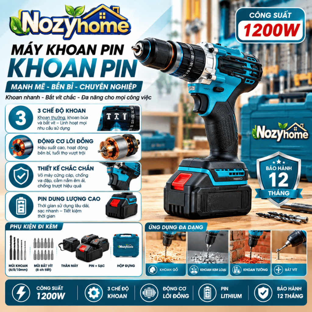 Máy Khoan Pin Makita 3 Chức Năng Chính Hãng – Khoan Sắt, Bắn Vít, Khoan Gỗ – Tặng Kèm Bộ 24 Chi Tiết