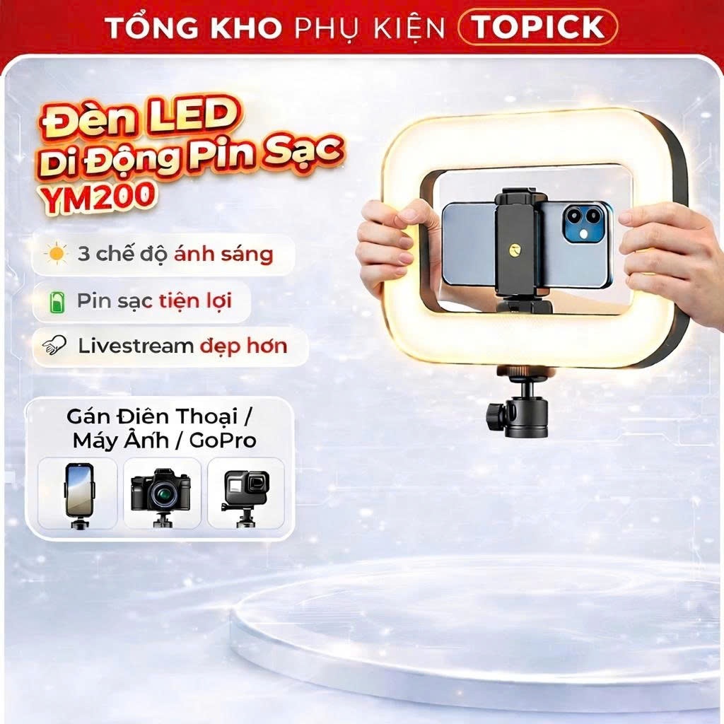 Đèn trợ sáng YM200 Pin Sạc - Hỗ Trợ Quay Video, Chụp ảnh, Makeup - 3 Chế Độ Sáng