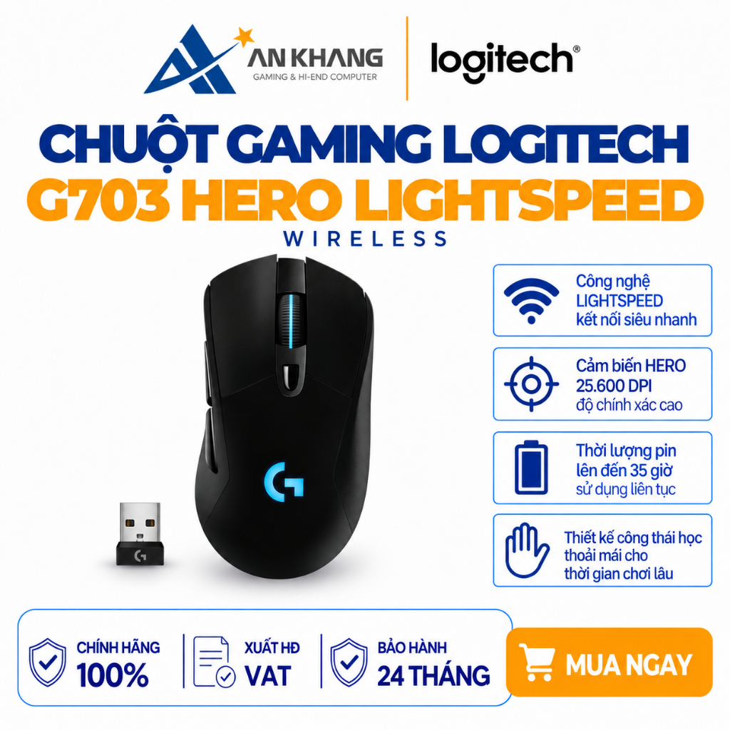 Chuột Gaming Không Dây Logitech G703 Hero Lightspeed Wireless Cảm Biến HERO 25K LED RGB Bảo Hành 24 