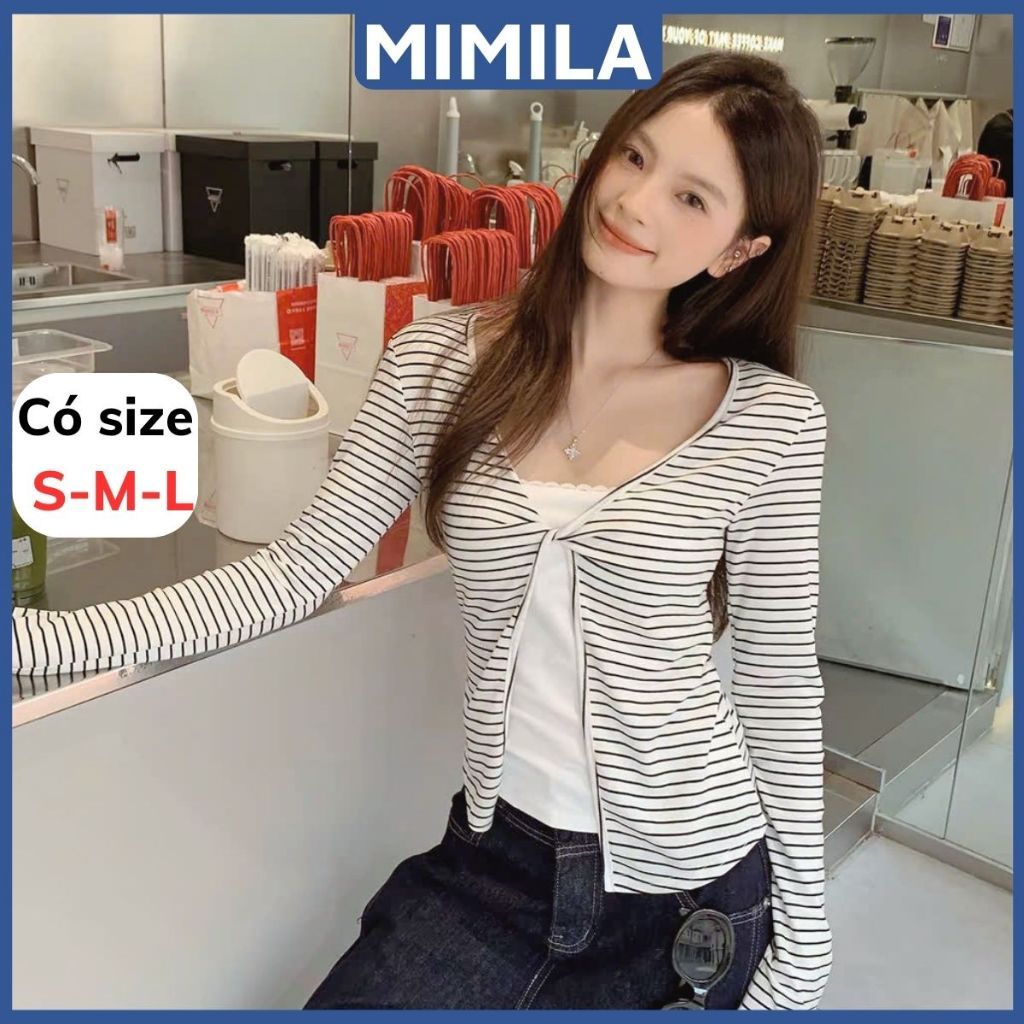 [CÓ SIZE] Set Áo Cardigan May Liền 2 Lớp Kẻ Sọc Dài Tay Mỏng MIMILA Mặc Thu Đông Đi Chơi Chất Thun C