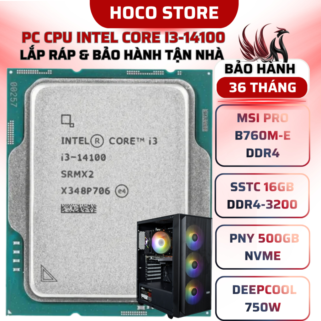 PC INTEL Core i3-14100 / B760M / SSD 500GB / 16GB 3200MHZ / Bộ PC lắp ráp HOCO CPU i3 14100 New Tray