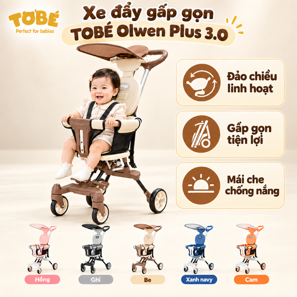 Xe đẩy gấp gọn Olwen Plus 3.0 chính hãng Tobe cao cấp tiện dụng gấp gọn bánh xe xoay 360 độ bánh có 