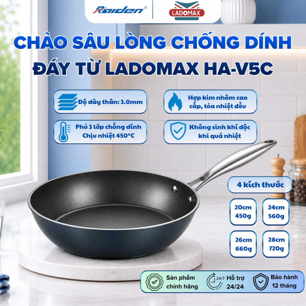 Chảo sâu lòng chống dính đáy từ LADOMAX HA-V5C – hợp kim nhôm cao cấp – Dyflon Hàn Quốc – dùng mọi l