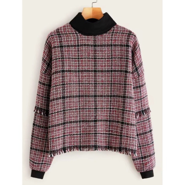 (NEW 023 - SIZE XS (mô tả) - ngoài sàn 100k) SHEIN| Áo sweater tay bo dạ kẻ đỏ tua rua gấu