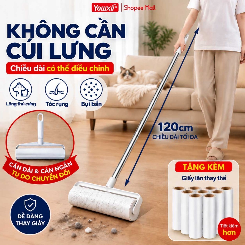 YOWXII Cây Lau Bụi Đa Năng,Cán Dài,Cán Ngắn Lõi Lăn Size 24cm,Cây Lăn Bụi Chăn Ga, Quần Áo, Đệm Sofa