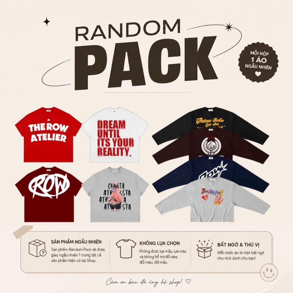 Random Áo Thun Ngẫu Nhiên Các Mẫu Boxy Tay Ngắn + Tay Dài Cotton THEROW Nam Nữ