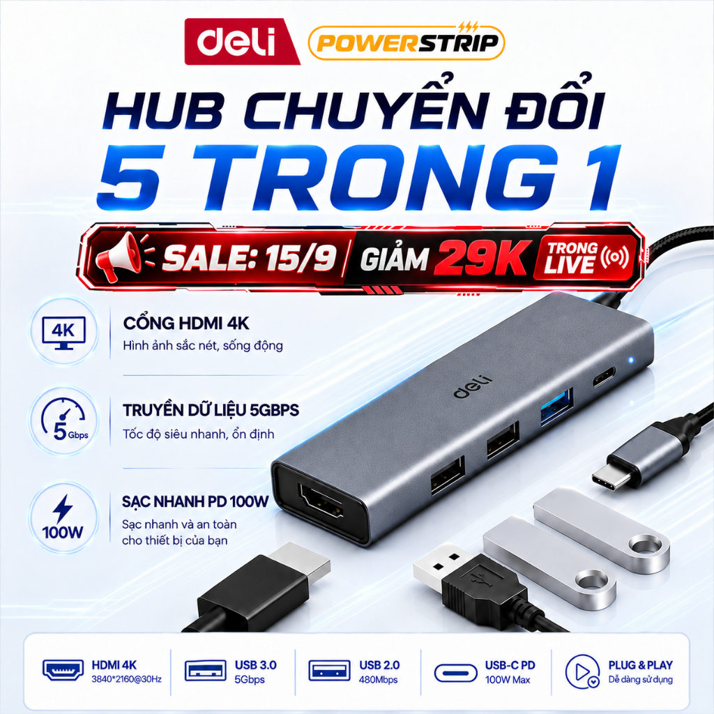 HUB Chuyển Đổi DELI USB C HDMI 4K, Bộ Chuyển Đổi Đa Cổng 5 Trong 1 Type C Sang…