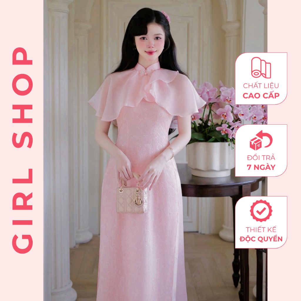 Áo Dài Hồng Nhã Thiết Kế Cao Cấp Dáng Suông 4 Tà Cổ Cao Sang Trọng Thanh Lịch GIRLSHOP