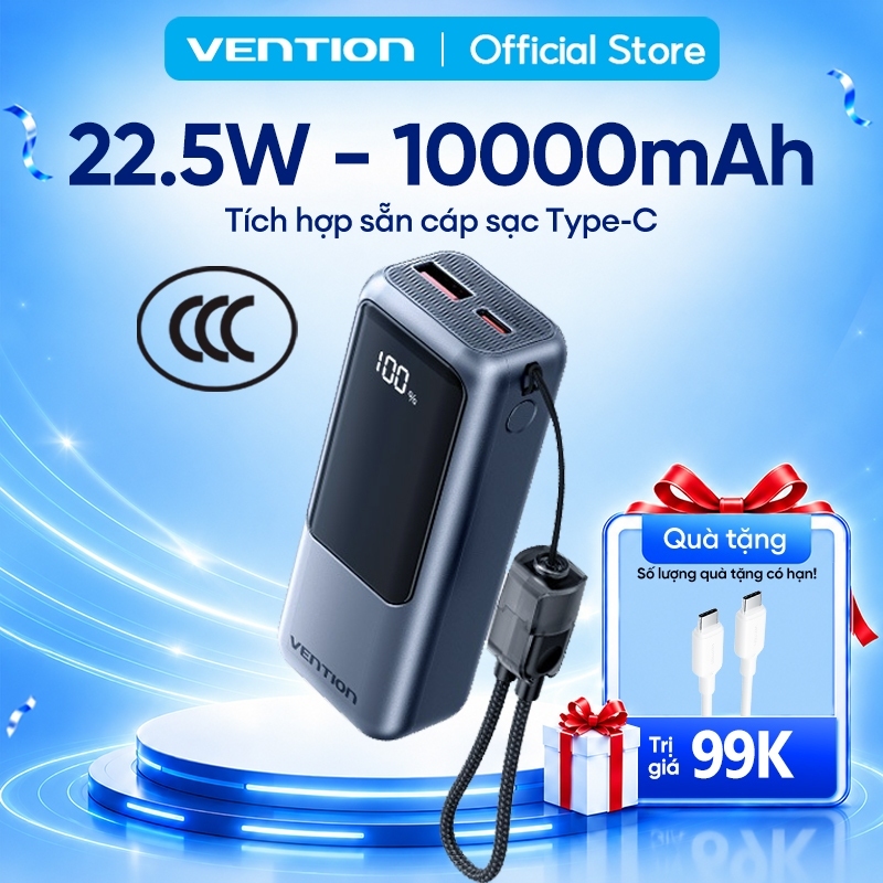 【Hàng Mới Bản 3C】Pin Sạc Dự Phòng Mini 22.5W 10000mAh Vention Tích Hợp Dây Type C, Màn LED Hiển Thị, Hỗ Trợ Sạc Nhanh