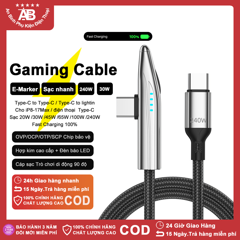 Dây Cáp Sạc Nhanh 1.2M C to C 240W / C to LN 30W Cáp Gaming Đầu Gập 90 độ Đèn LED Báo Sạc Cho Phone 