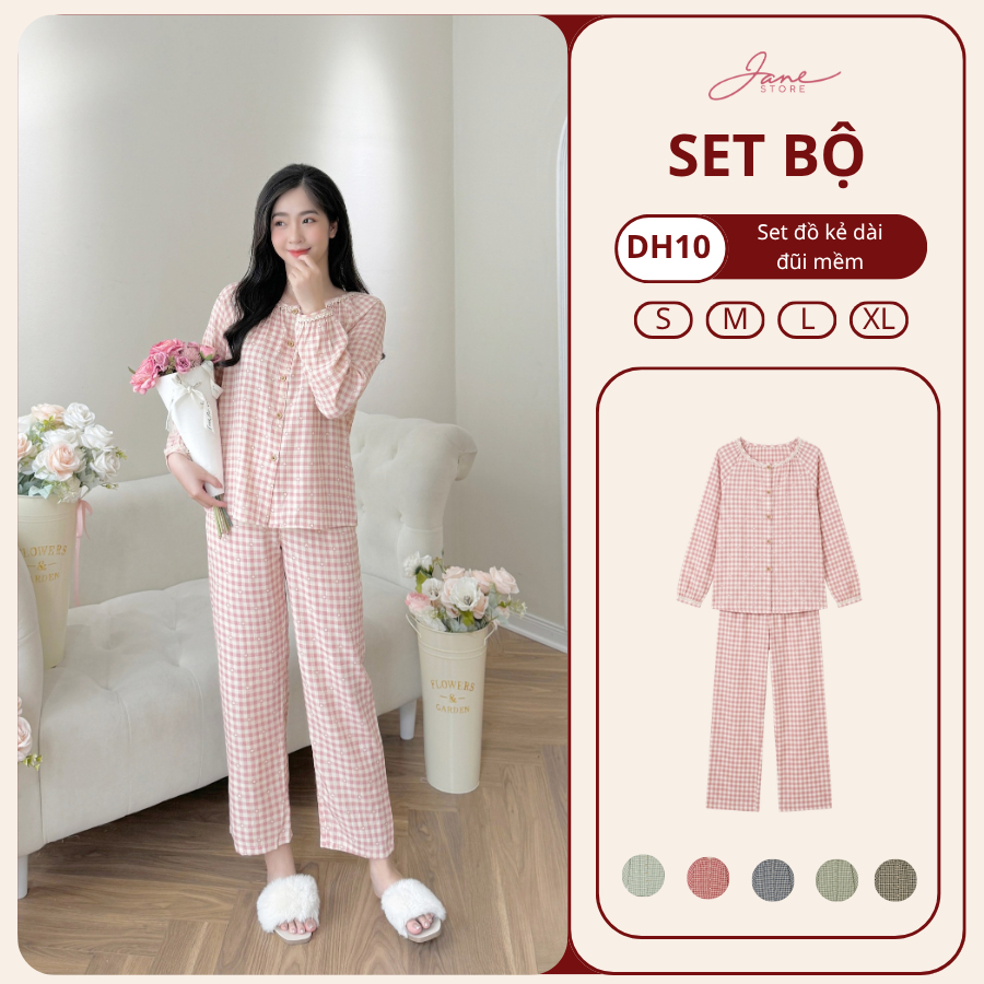 Đồ bộ mặc nhà nữ cực xinh tay dài quần dài phối ren kẻ caro đũi cao cấp mềm…