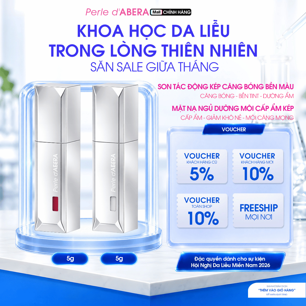 Combo Son Dưỡng Có Màu Perle d'ABERA 5g + Mặt Nạ Ngủ Dưỡng Môi Cấp Ẩm Kép Perle d'ABERA 5g