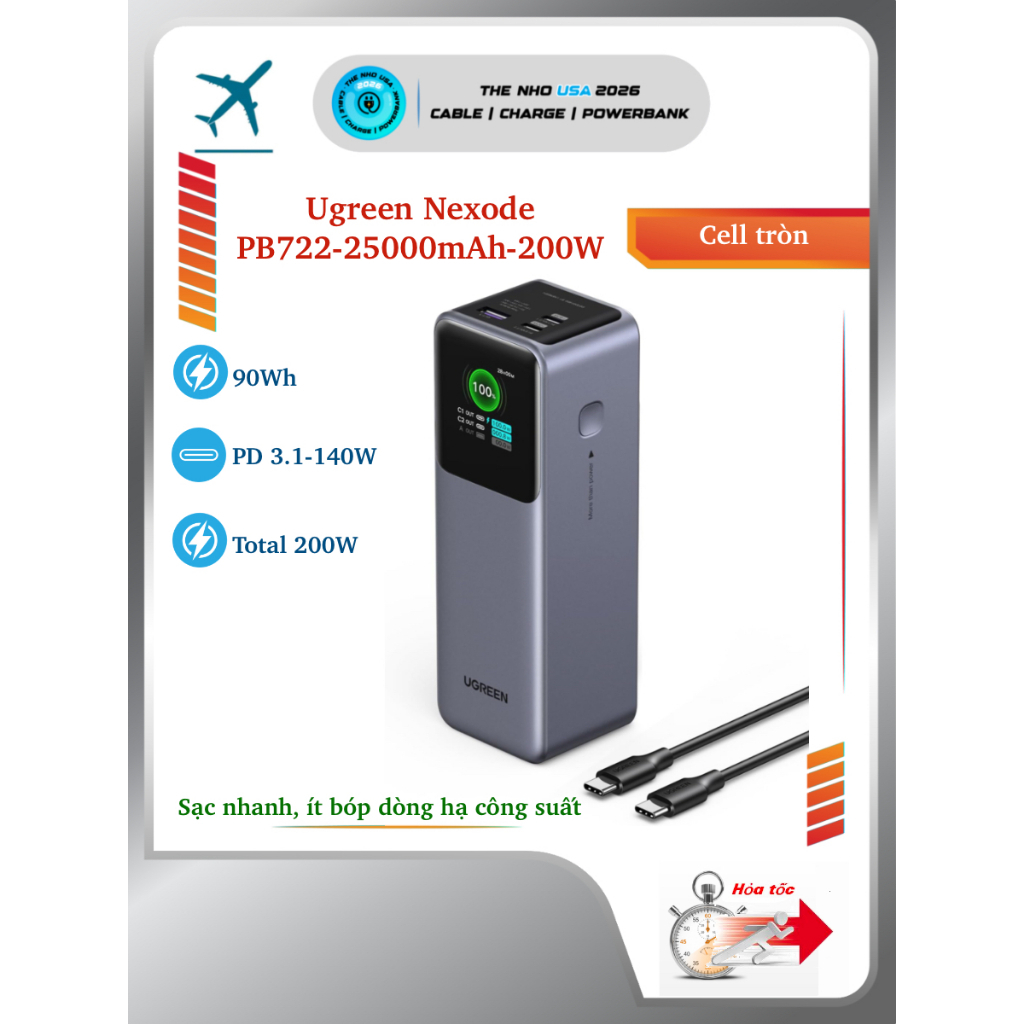 Pin sạc dự phòng Ugreen PB722 200W 25000mAh 2C1A PD3.1 140W PPS 5A QC cell tròn
