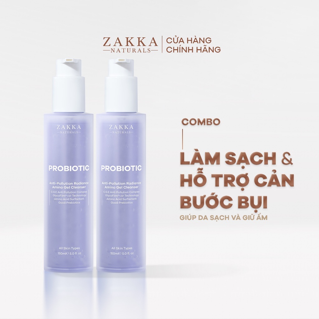Combo 2 Gel Rửa Mặt Sạch Bụi Mịn Probiotic Anti-Pollution Radiance Amino Gel Zakka Naturals 150ml
