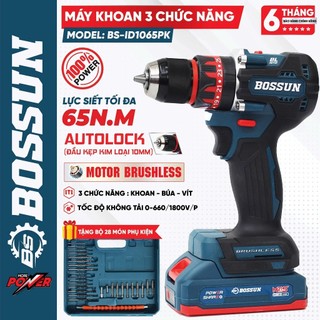 Máy Khoan Pin Bossun ID1065PK, Lực Siết 65Nm, Đầu Khoan 10mm, có khoá lock trục, Tặng Kèm 28 món Phụ Kiện