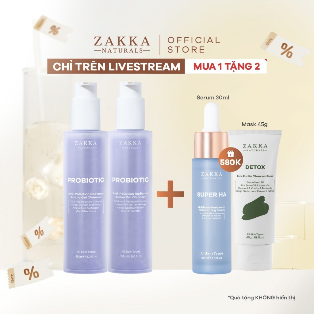 [Zakka x Harry] Combo 2 Gel Rửa Mặt Probiotic Anti-Pollution Radiance Amino Gel Zakka Naturals 150ml