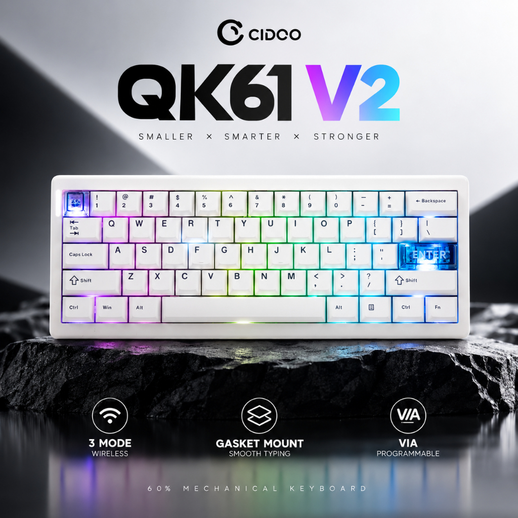 BÀN PHÍM CƠ CIDOO QK61 V2 60% – 3 MODE – GASKET MOUNT – VIA – HOT-SWAP – RGB – PBT
