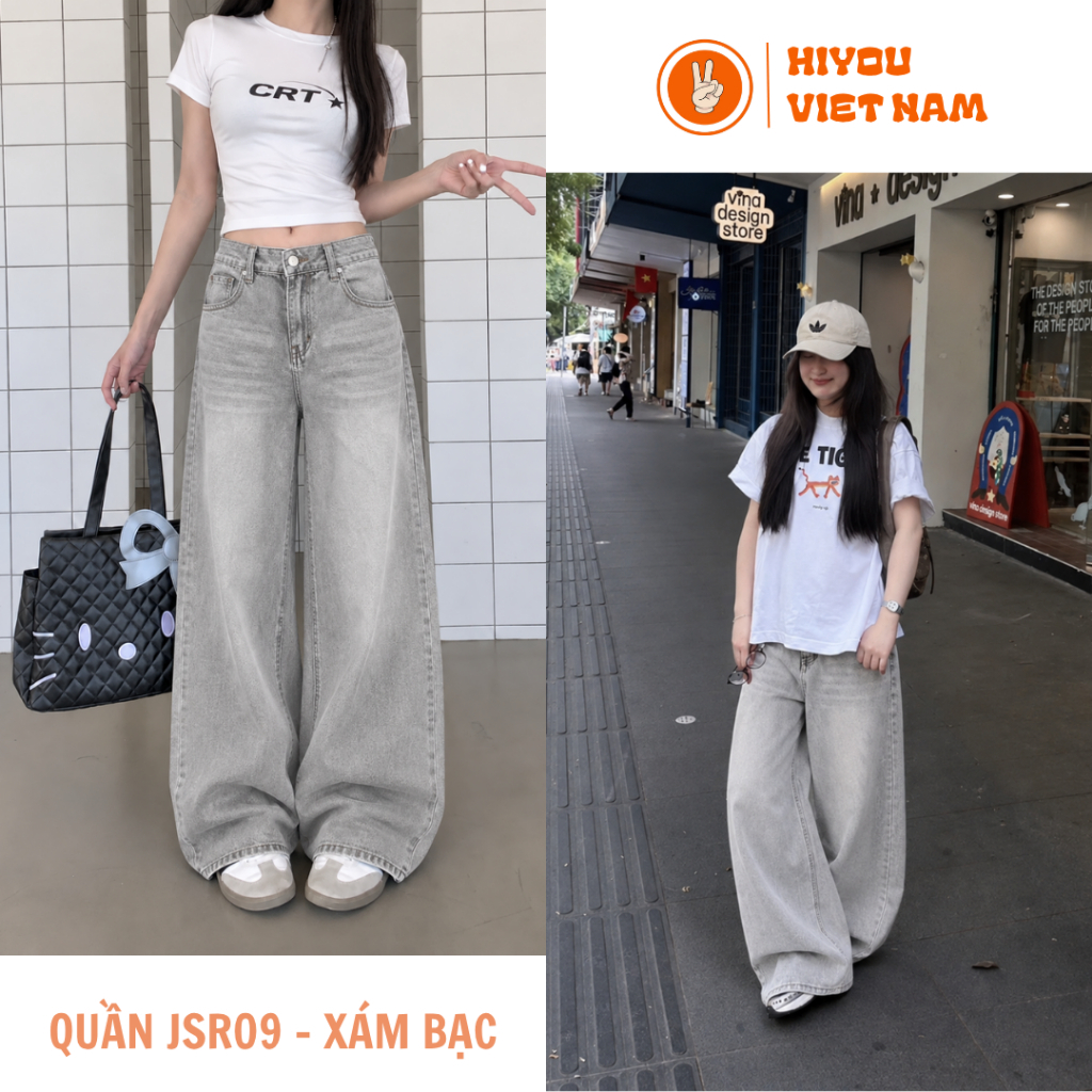 Quần Jean Nữ Ống Suông Rộng JSR09 Xám Bạc, Wash Xám Phong Cách Cá Tính Style Hàn Quốc Hiyou