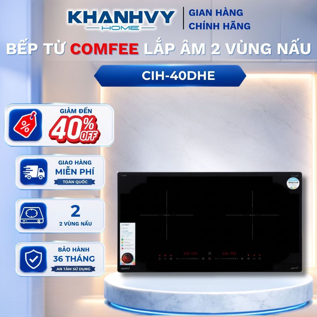 Bếp Từ Đôi Comfee CIH-40DHE Lắp Âm - 2 Vùng Nấu - 4000W - AI Inverter - Booster 2200W - Kính Hegon |