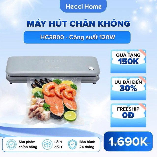 [KHÔNG KÉN TÚI] Máy Hút Chân Không Thực phẩm gia đình Hecci Home HC3800 có chế độ hút ẩm-ướt